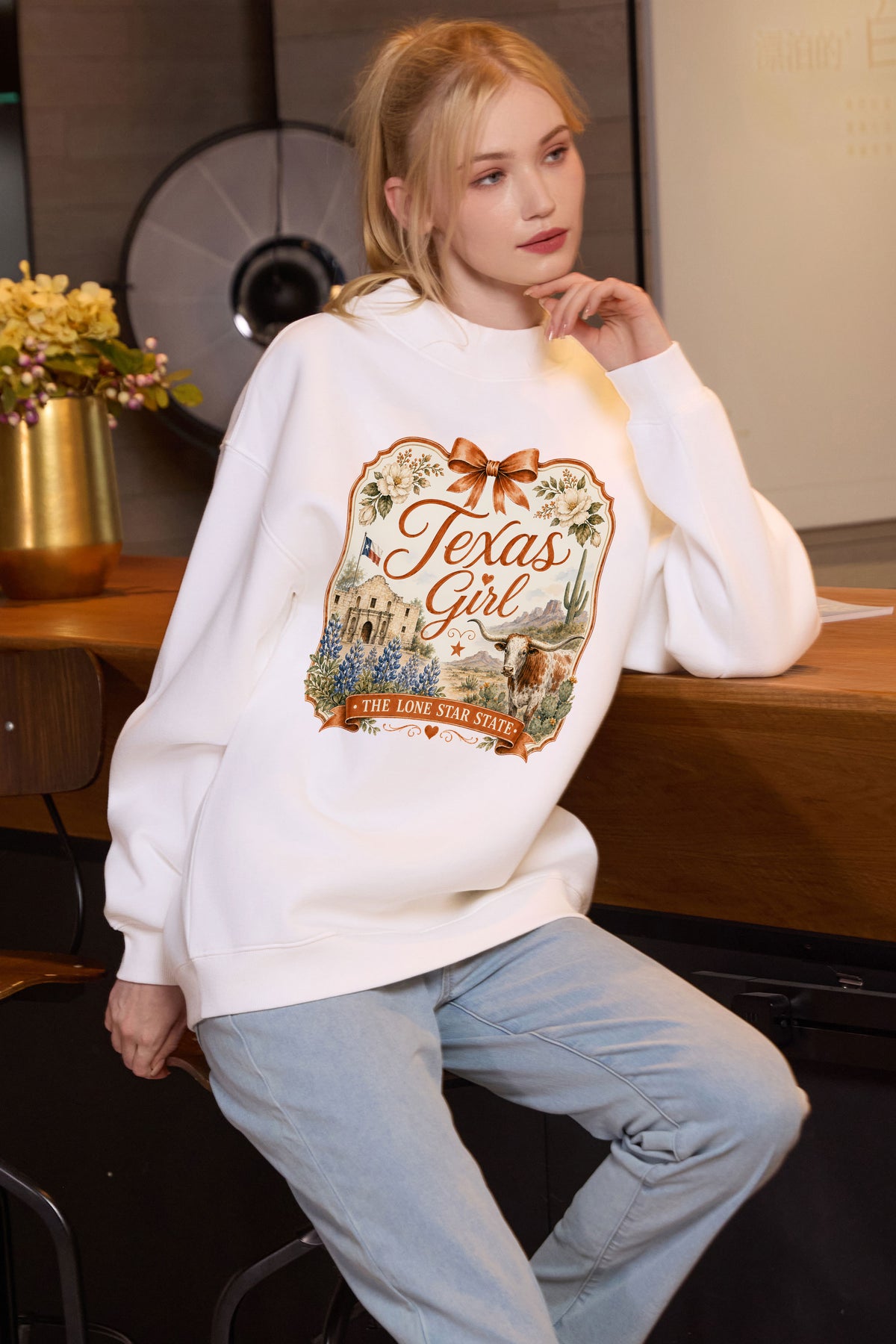 Texas Girl Illustrated Sweatshirt in white — model view 1.