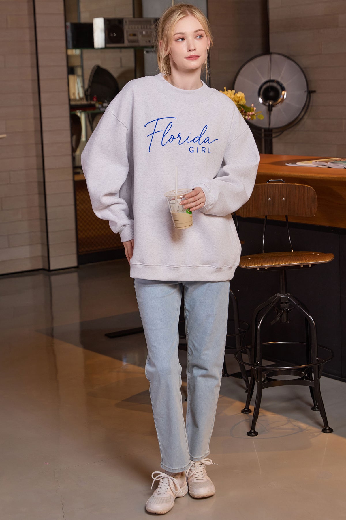Florida Girl Lettering Sweatshirt in heather grey — model view 3.