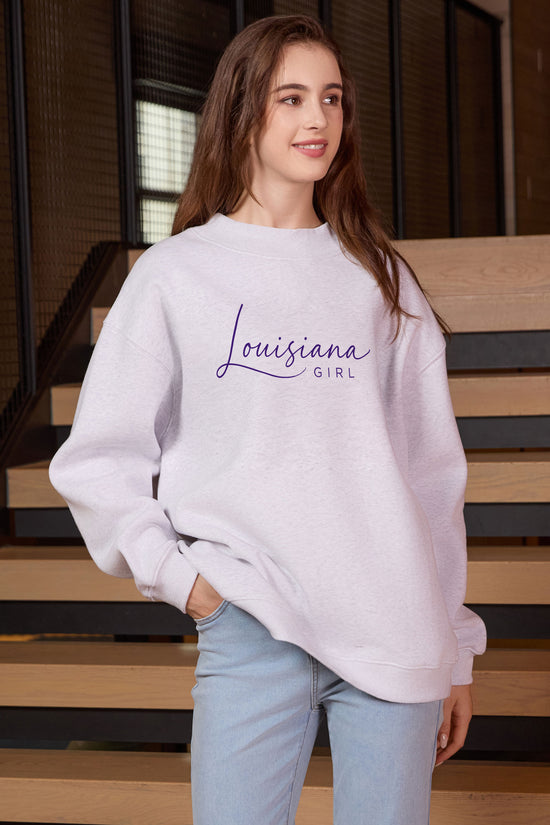 Louisiana Girl Lettering Sweatshirt in heather grey — model view 1.