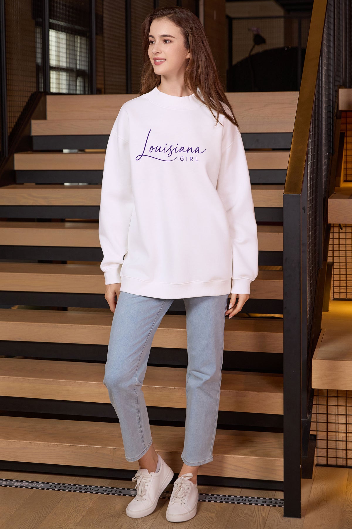 Louisiana Girl Lettering Sweatshirt in white — model view 1.