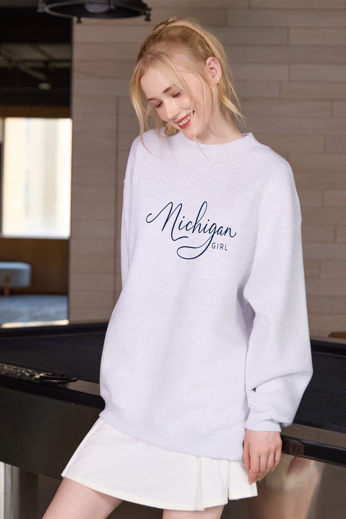 Michigan Girl Lettering Sweatshirt in heather grey — model view 2.