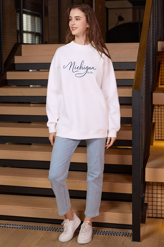 Michigan Girl Lettering Sweatshirt in white — model view 2.