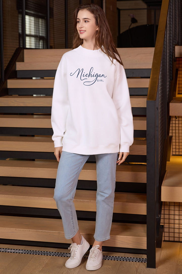 Michigan Girl Lettering Sweatshirt in white — model view 2.