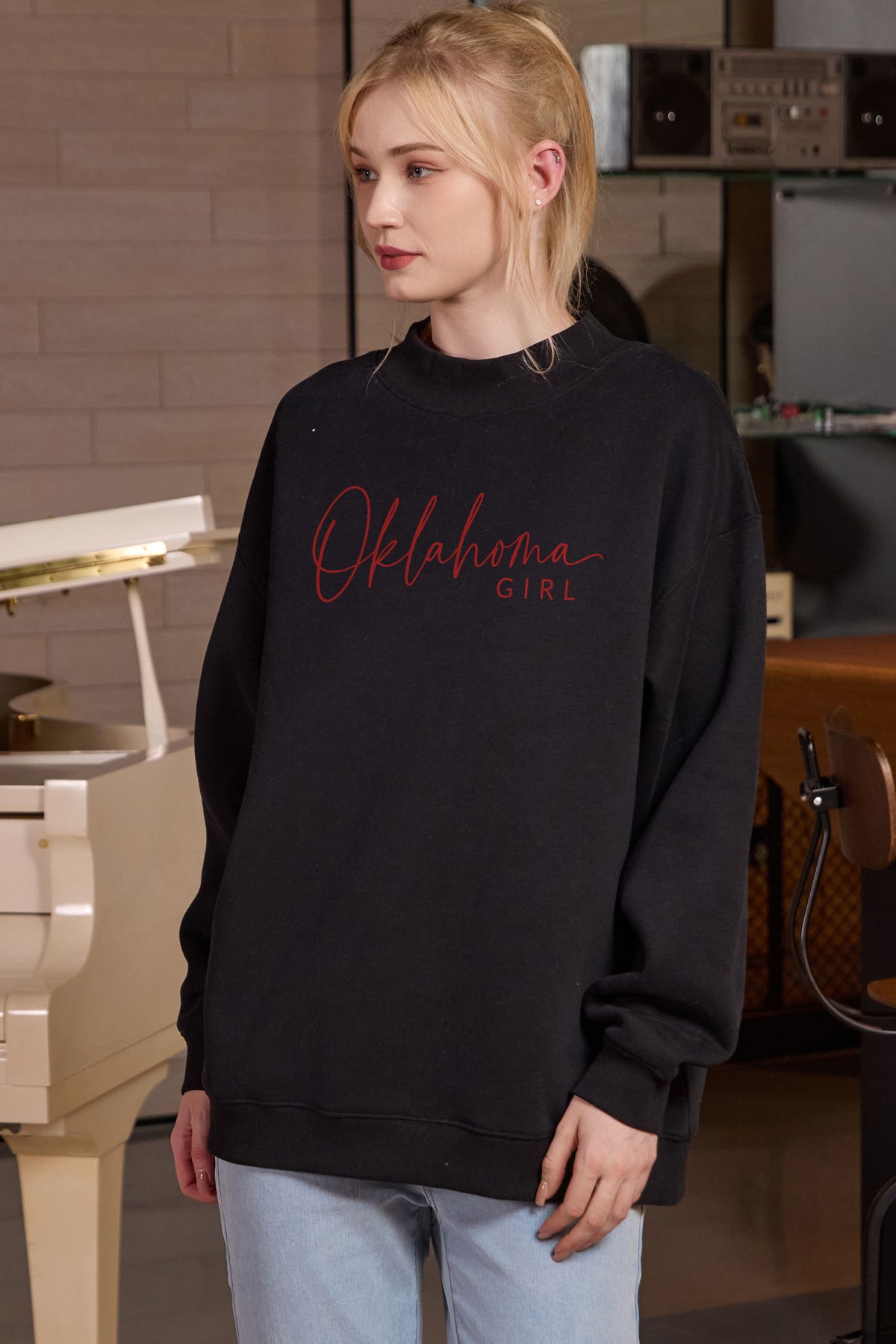 Oklahoma Girl Lettering Sweatshirt in black — model view 3.