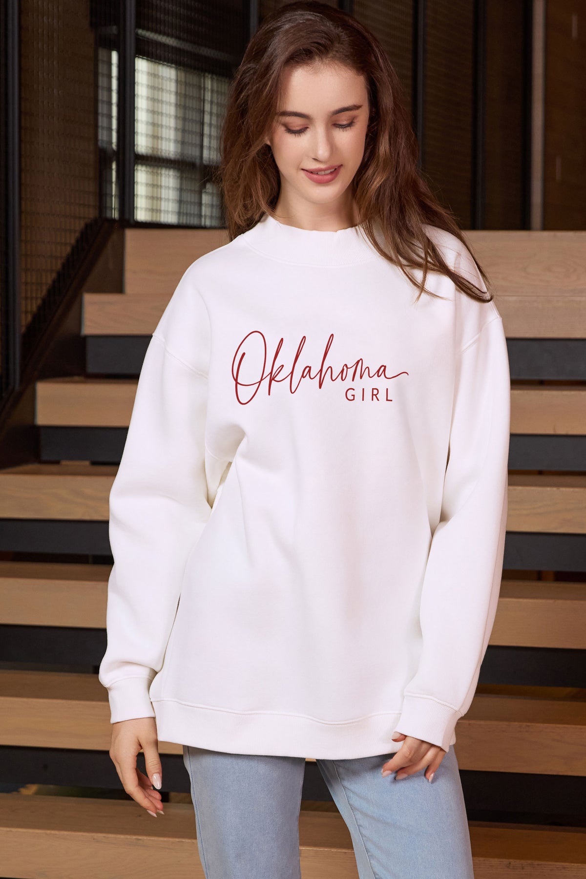 Oklahoma Girl Lettering Sweatshirt in white — model view 3.