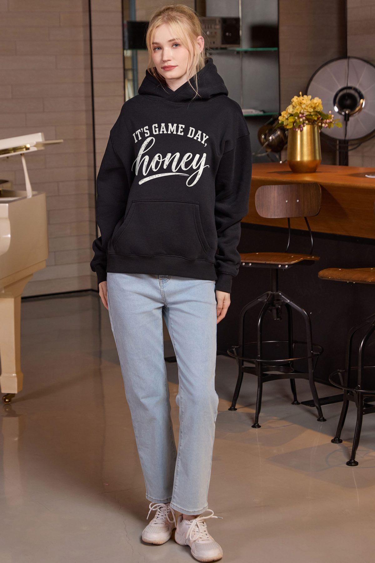 M005-G017 BLACK A1 — Its Game Day Honey graphic on M005 black garment