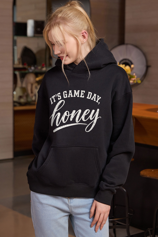 M005-G017 BLACK F1 — Its Game Day Honey graphic on M005 black garment