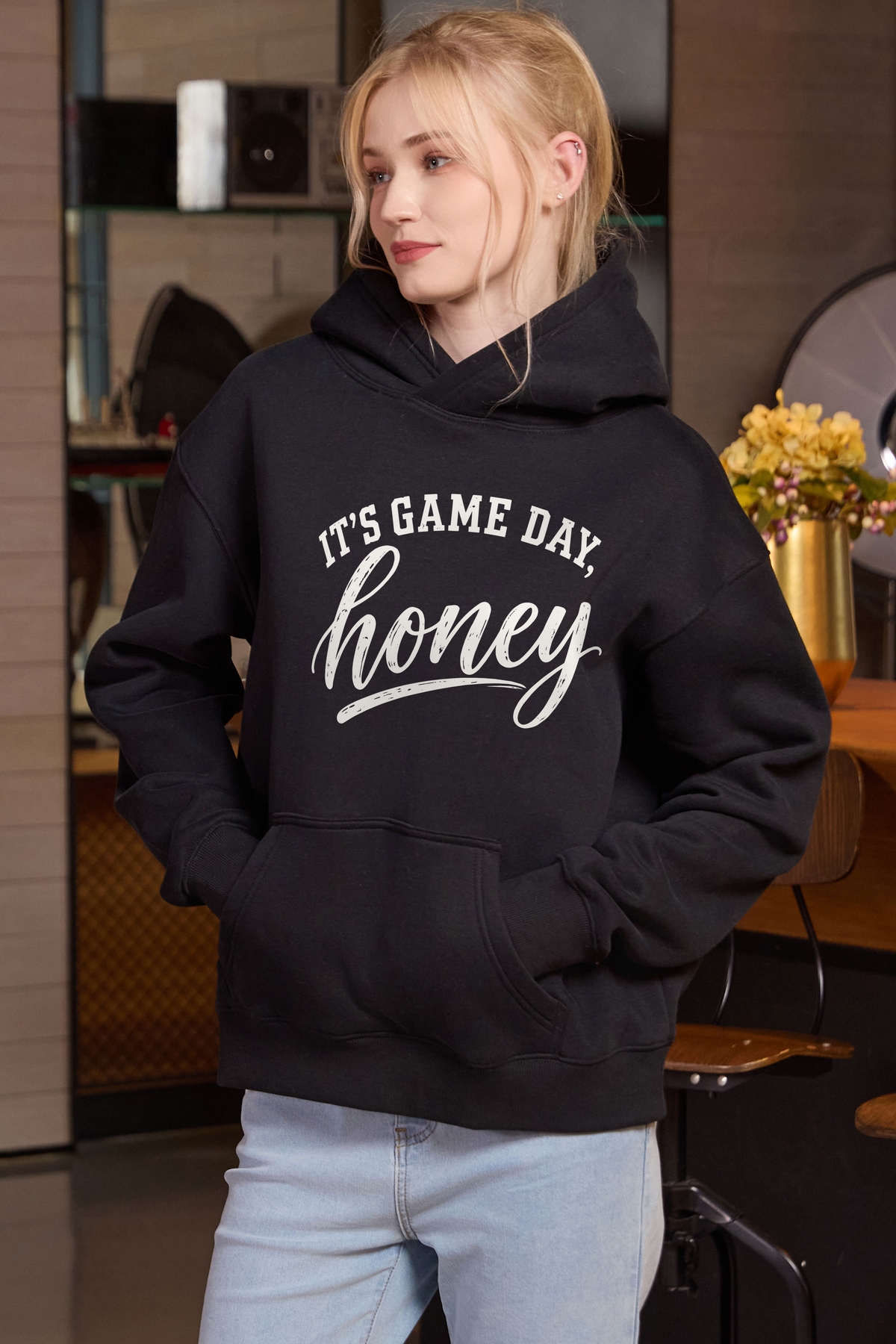 M005-G017 BLACK F3 — Its Game Day Honey graphic on M005 black garment