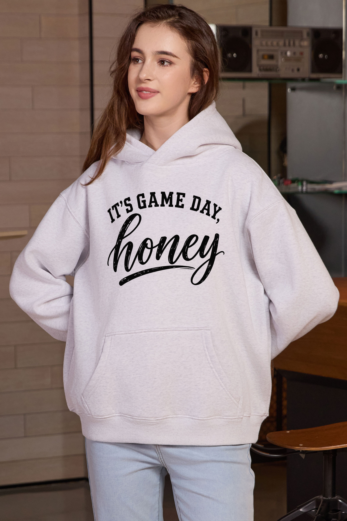 M005-G017 HEATHER-GREY F2 — Its Game Day Honey graphic on M005 heather grey garment