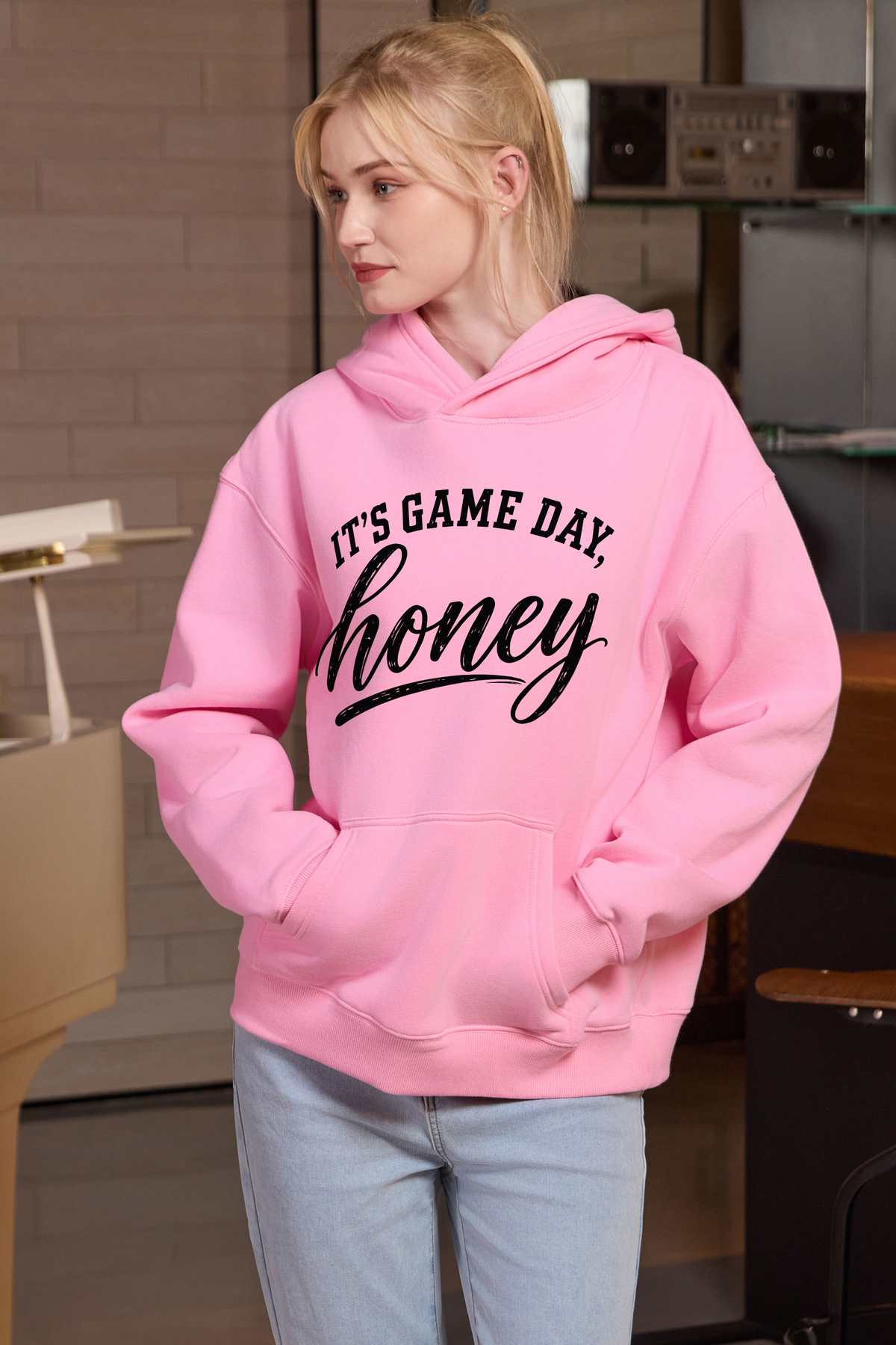 M005-G017 LIGHT-PINK F2 — Its Game Day Honey graphic on M005 light pink garment