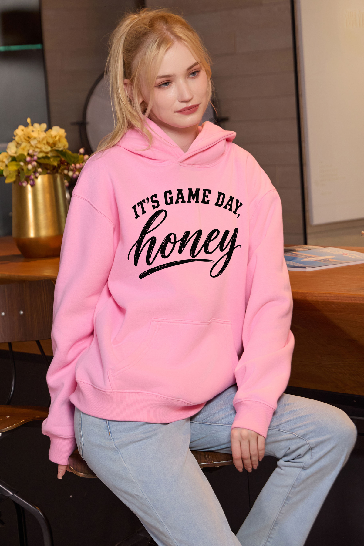 M005-G017 LIGHT-PINK F3 — Its Game Day Honey graphic on M005 light pink garment