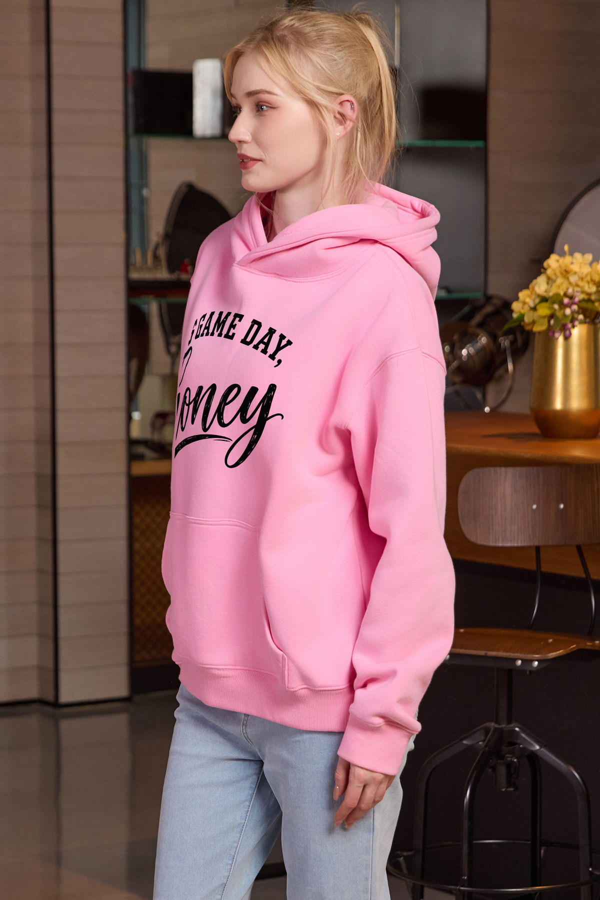 M005-G017 LIGHT-PINK S1 — Its Game Day Honey graphic on M005 light pink garment