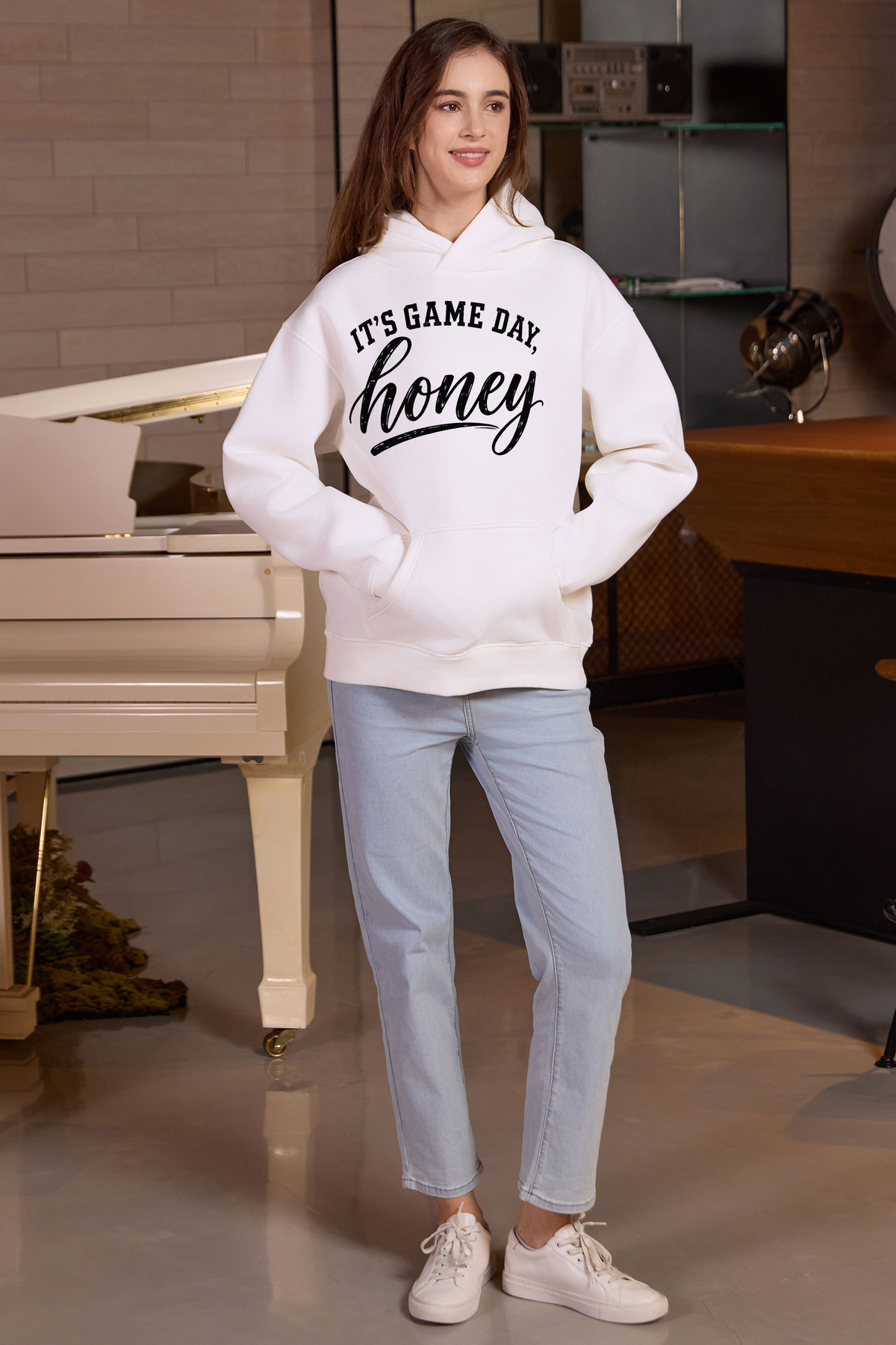 M005-G017 WHITE A1 — Its Game Day Honey graphic on M005 white garment