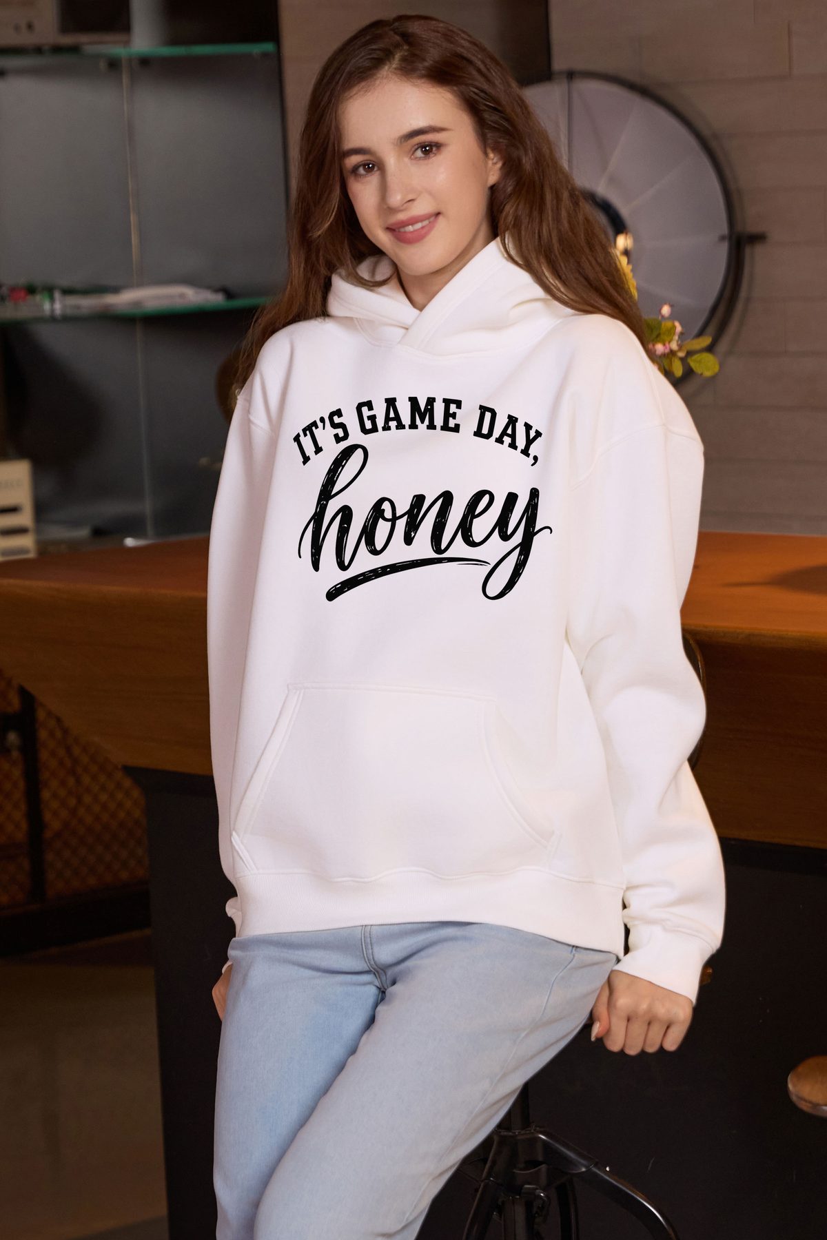 M005-G017 WHITE F1 — Its Game Day Honey graphic on M005 white garment