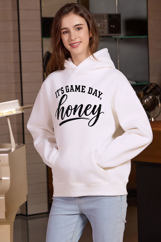 M005-G017 WHITE F2 — Its Game Day Honey graphic on M005 white garment