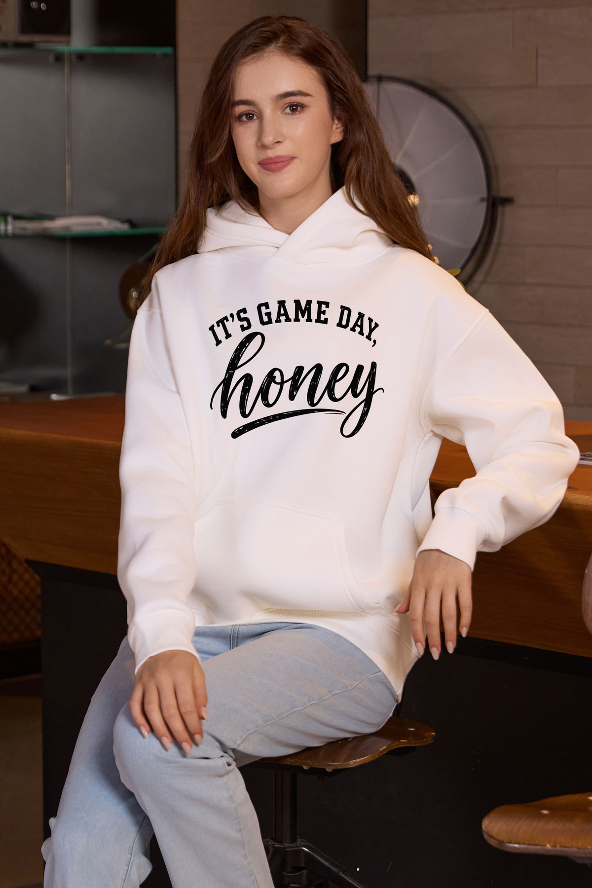 M005-G017 WHITE F3 — Its Game Day Honey graphic on M005 white garment