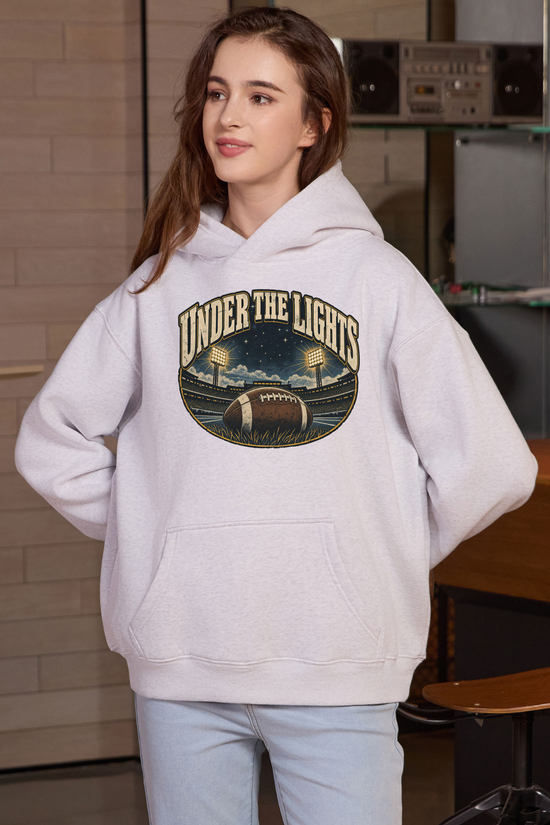 Under the Lights Hoodie in heather grey, front graphic on model, view 2