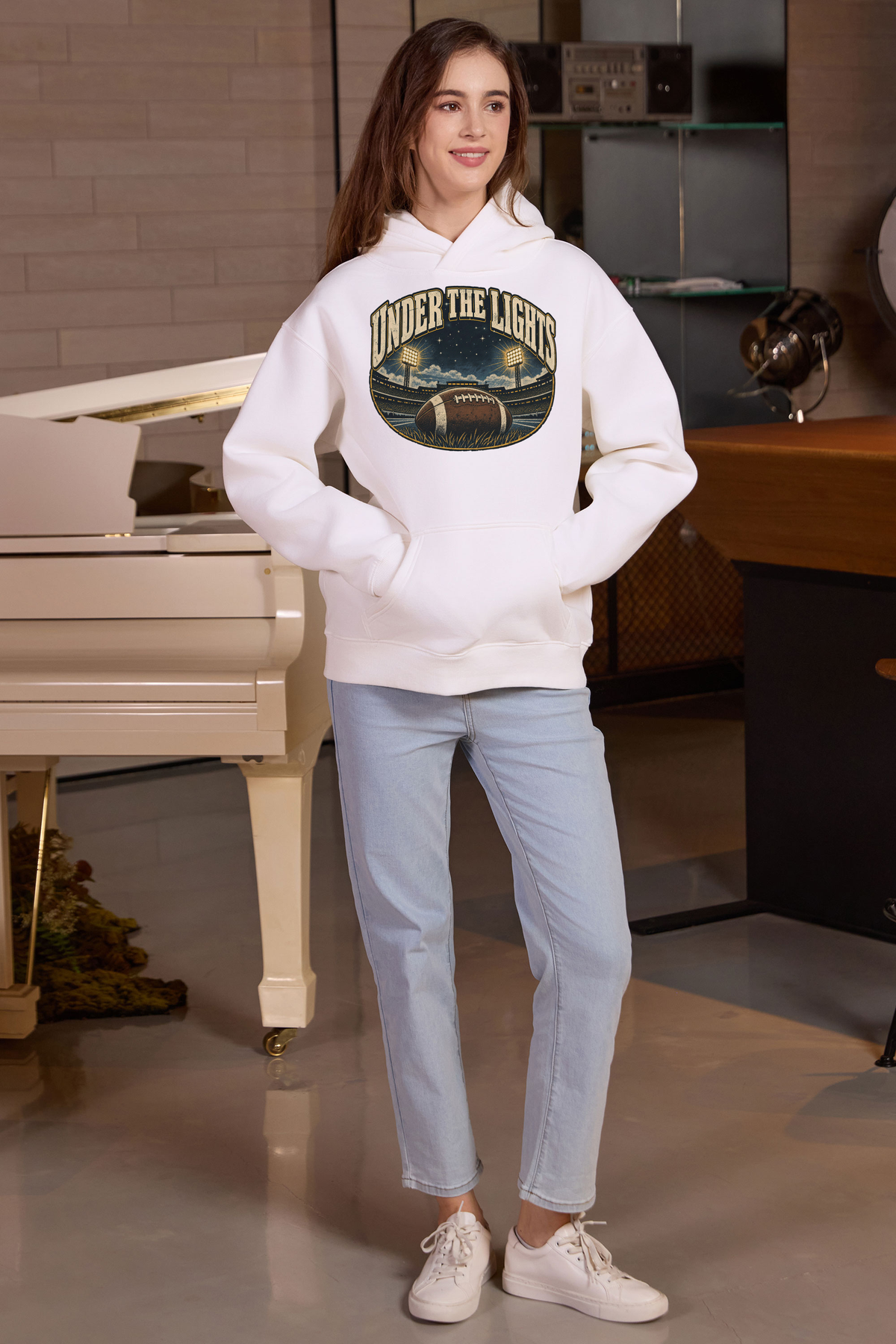 Under the Lights Hoodie in white, front graphic on model, view 3