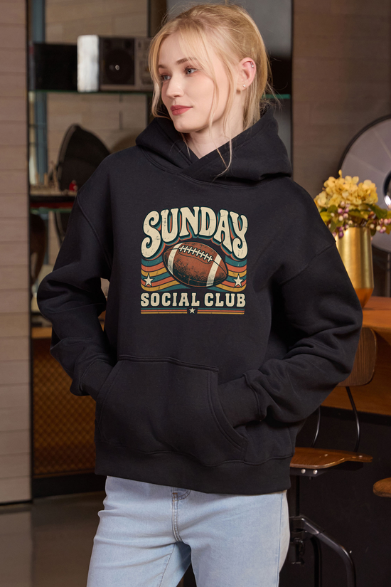 Sunday Social Club Hoodie in black, front graphic on model, view 1