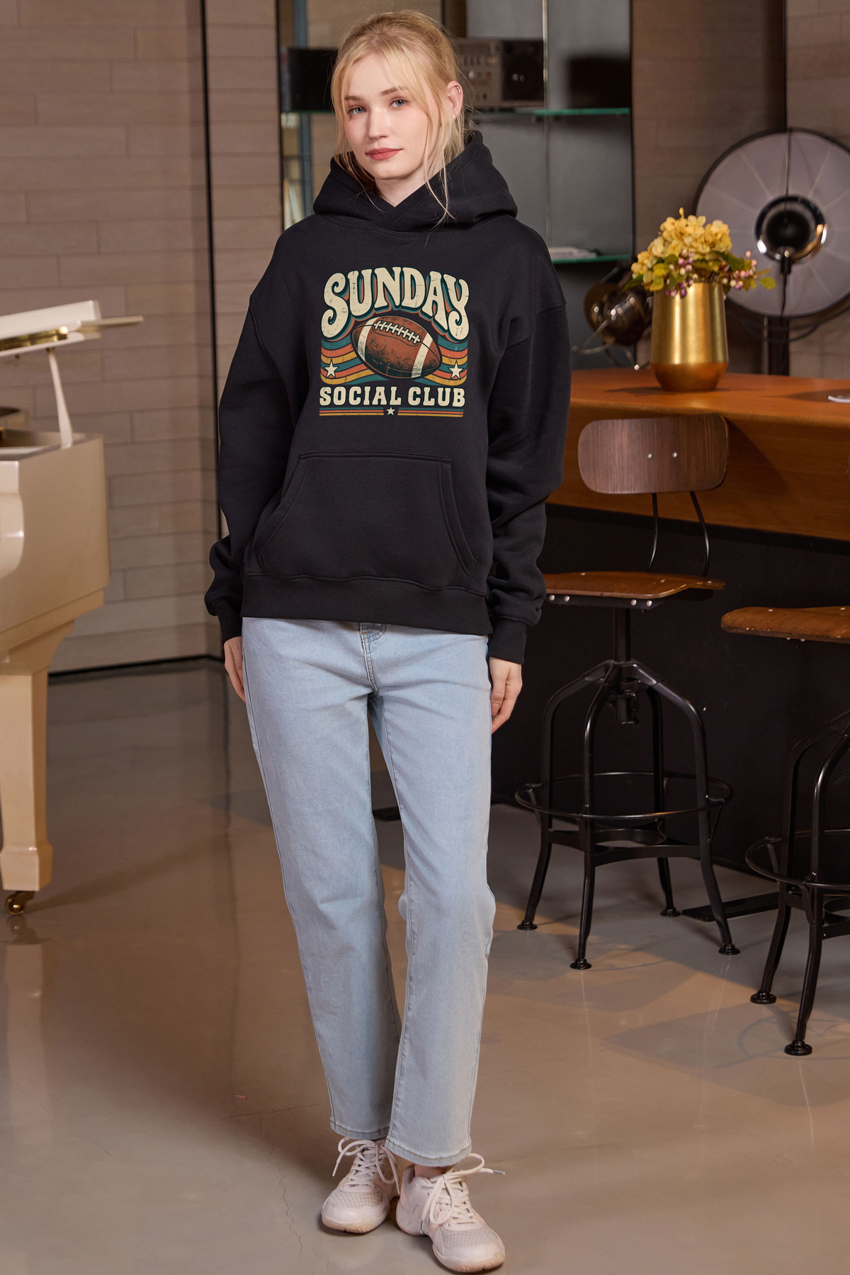 Sunday Social Club Hoodie in black, front graphic on model, view 2