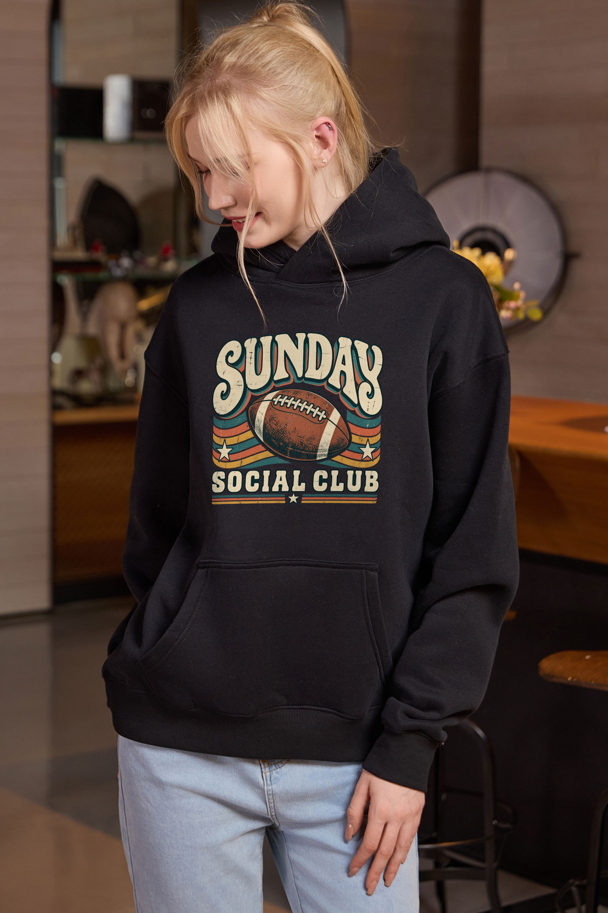 Sunday Social Club Hoodie in black, front graphic on model, view 3