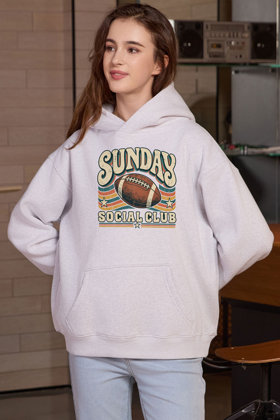 Sunday Social Club Hoodie in heather grey, front graphic on model, view 3