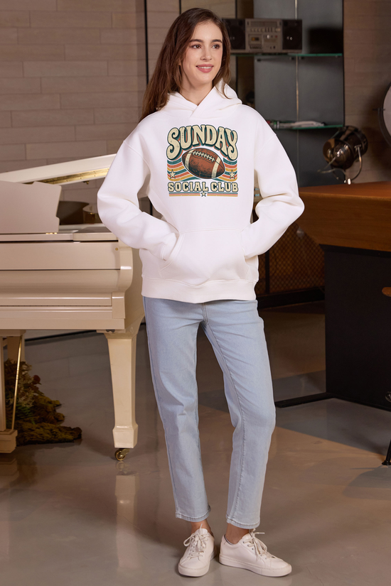 Sunday Social Club Hoodie in white, front graphic on model, view 2