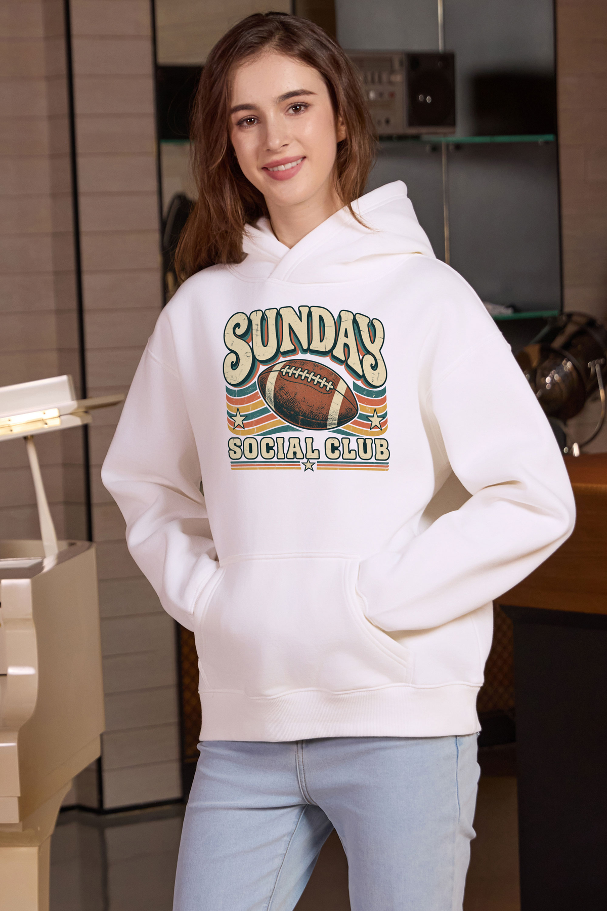 Sunday Social Club Hoodie in white, front graphic on model, view 3