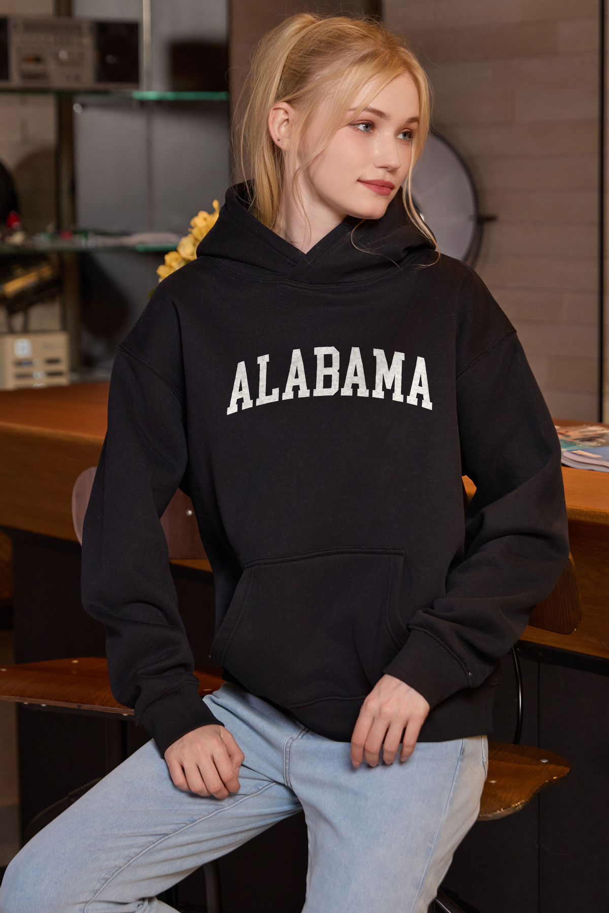 Alabama Collegiate Hoodie — black, front 3, centered fabric-following print