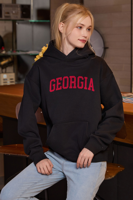 Georgia Collegiate Hoodie — black, front 2, centered fabric-following print