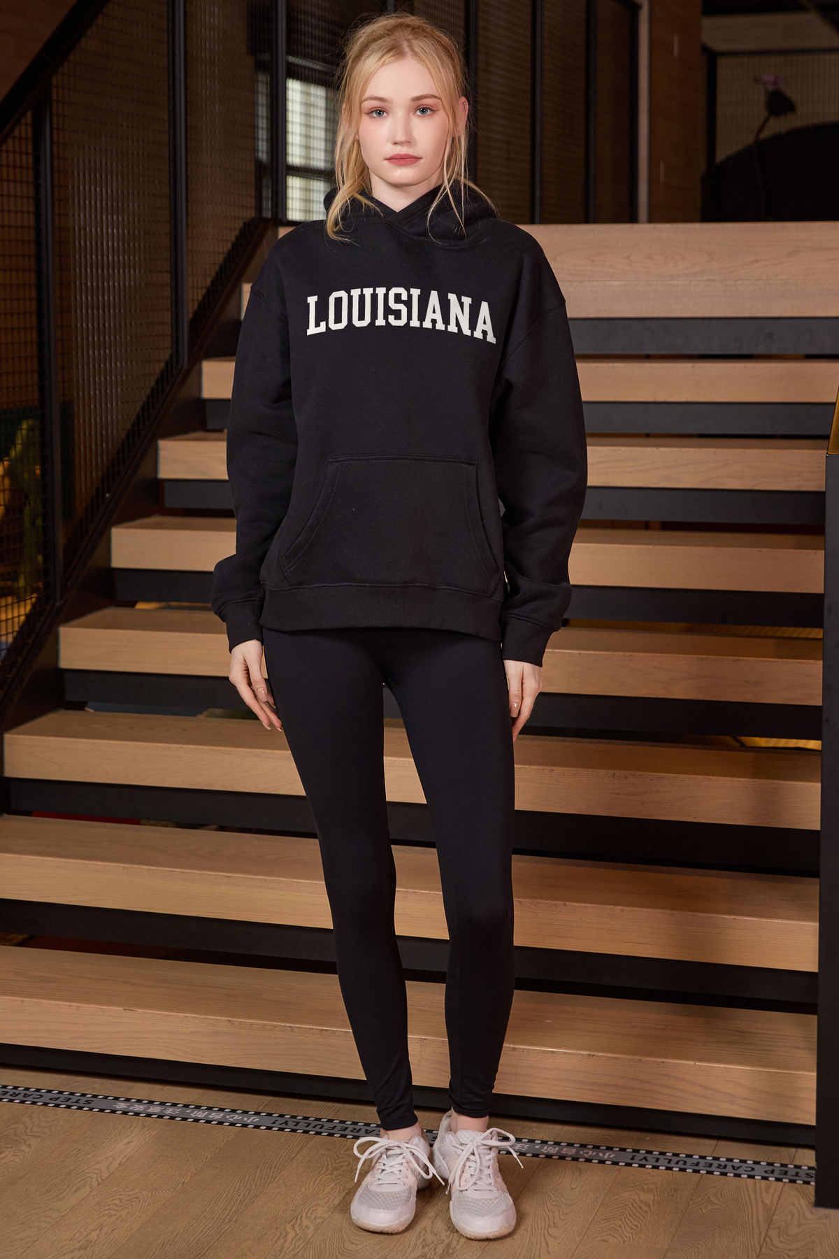 Louisiana Collegiate Hoodie — black with white lettering — front view 1