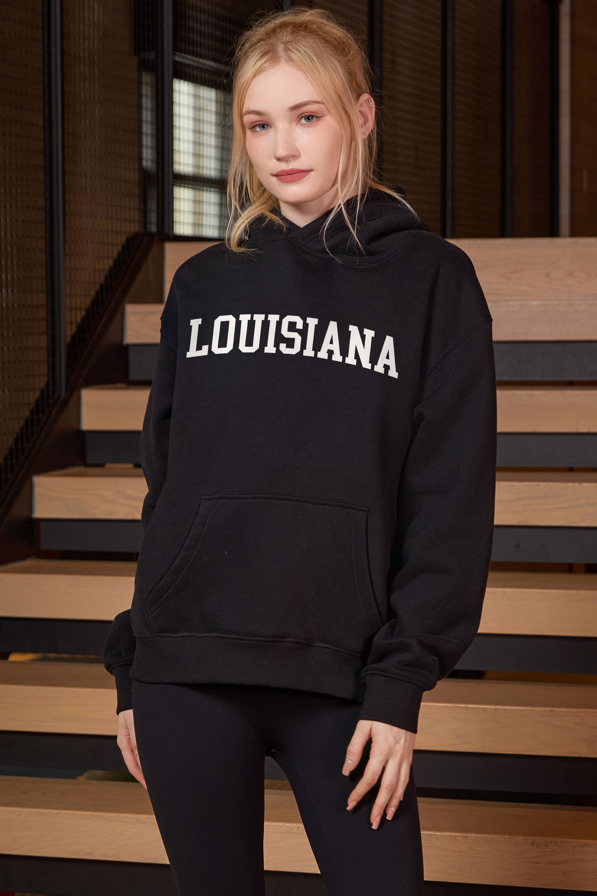 Louisiana Collegiate Hoodie — black with white lettering — front view 2