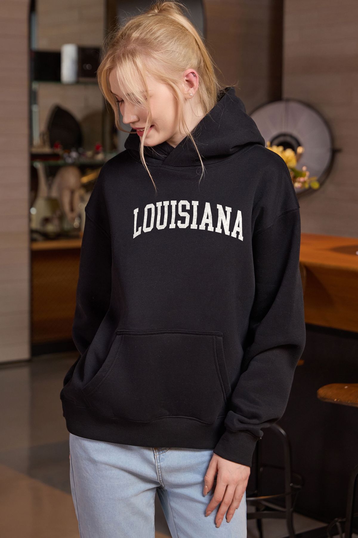 Louisiana Collegiate Hoodie — black, front 3, centered fabric-following print