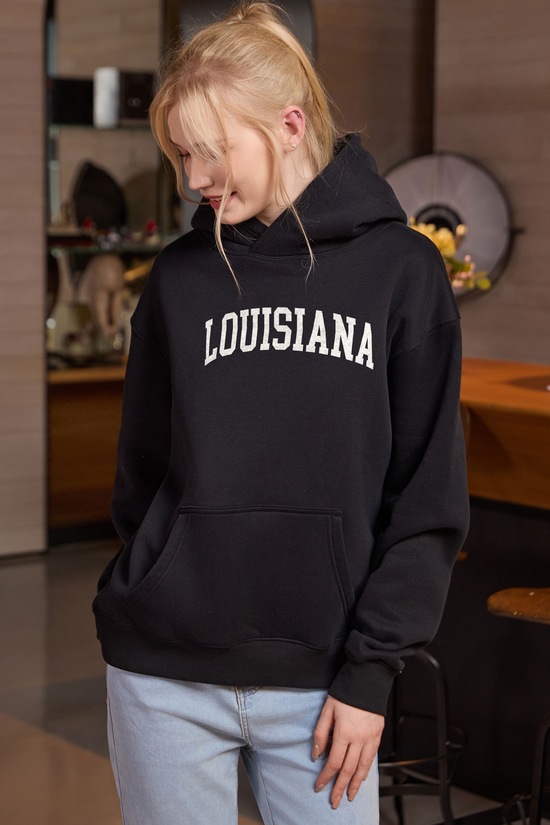 Louisiana Collegiate Hoodie — black, front 3, centered fabric-following print