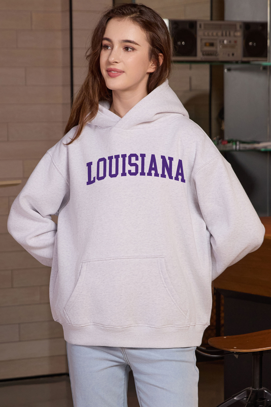 Louisiana Collegiate Hoodie — heather-grey, front 2, centered fabric-following print