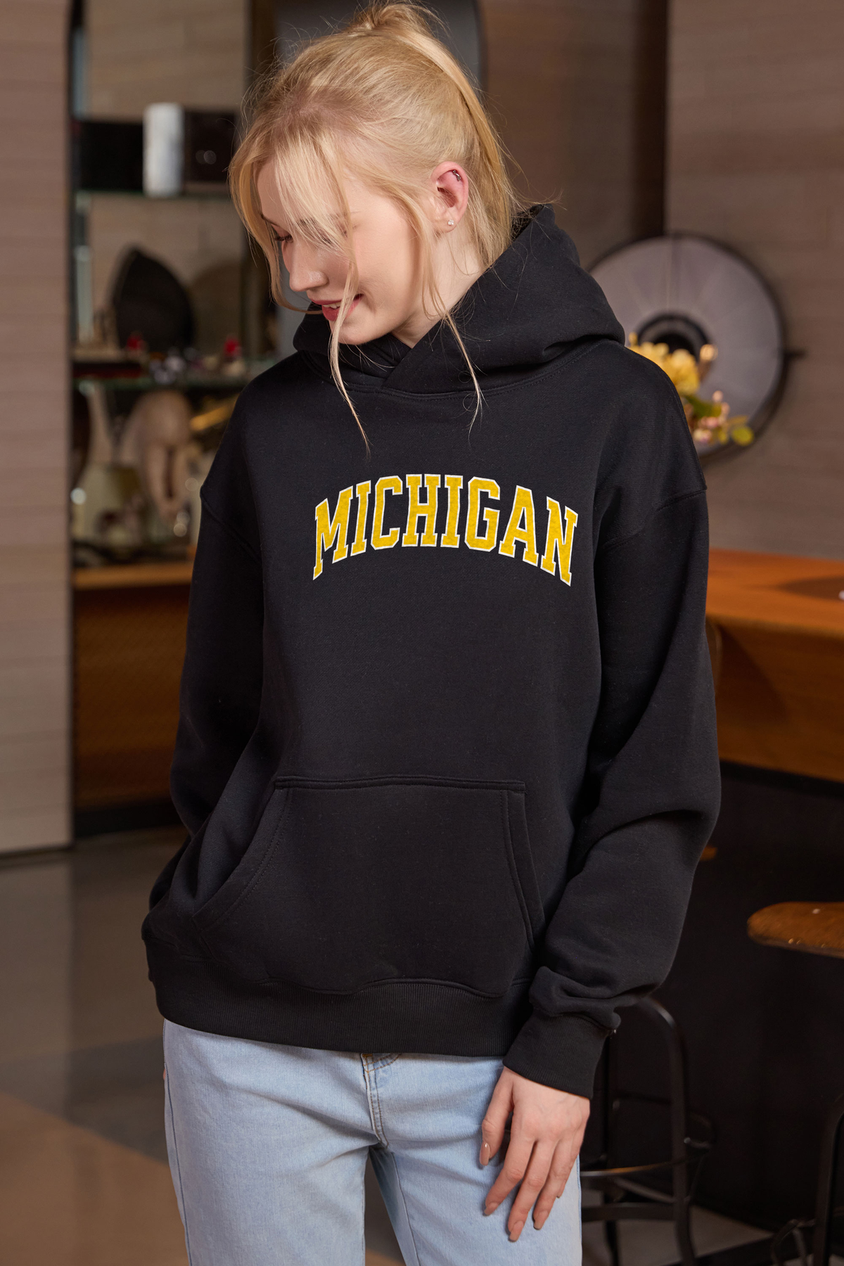 Michigan Collegiate Hoodie — black, front 3, centered fabric-following print