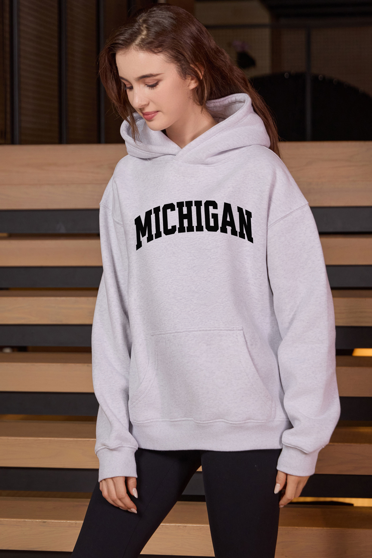 Michigan Collegiate Hoodie — heather-grey, front 1, centered fabric-following print