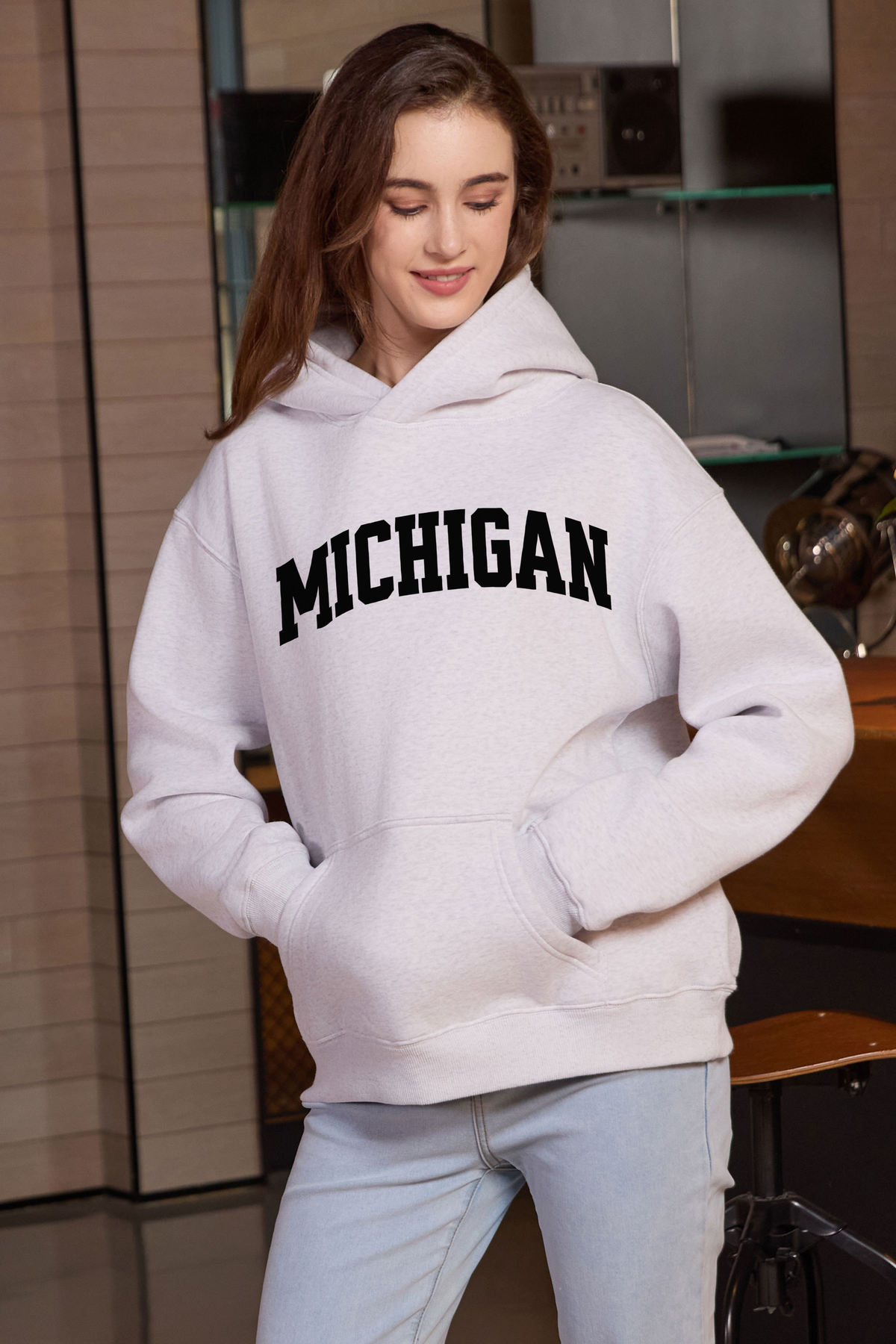Michigan Collegiate Hoodie — heather-grey, front 2, centered fabric-following print