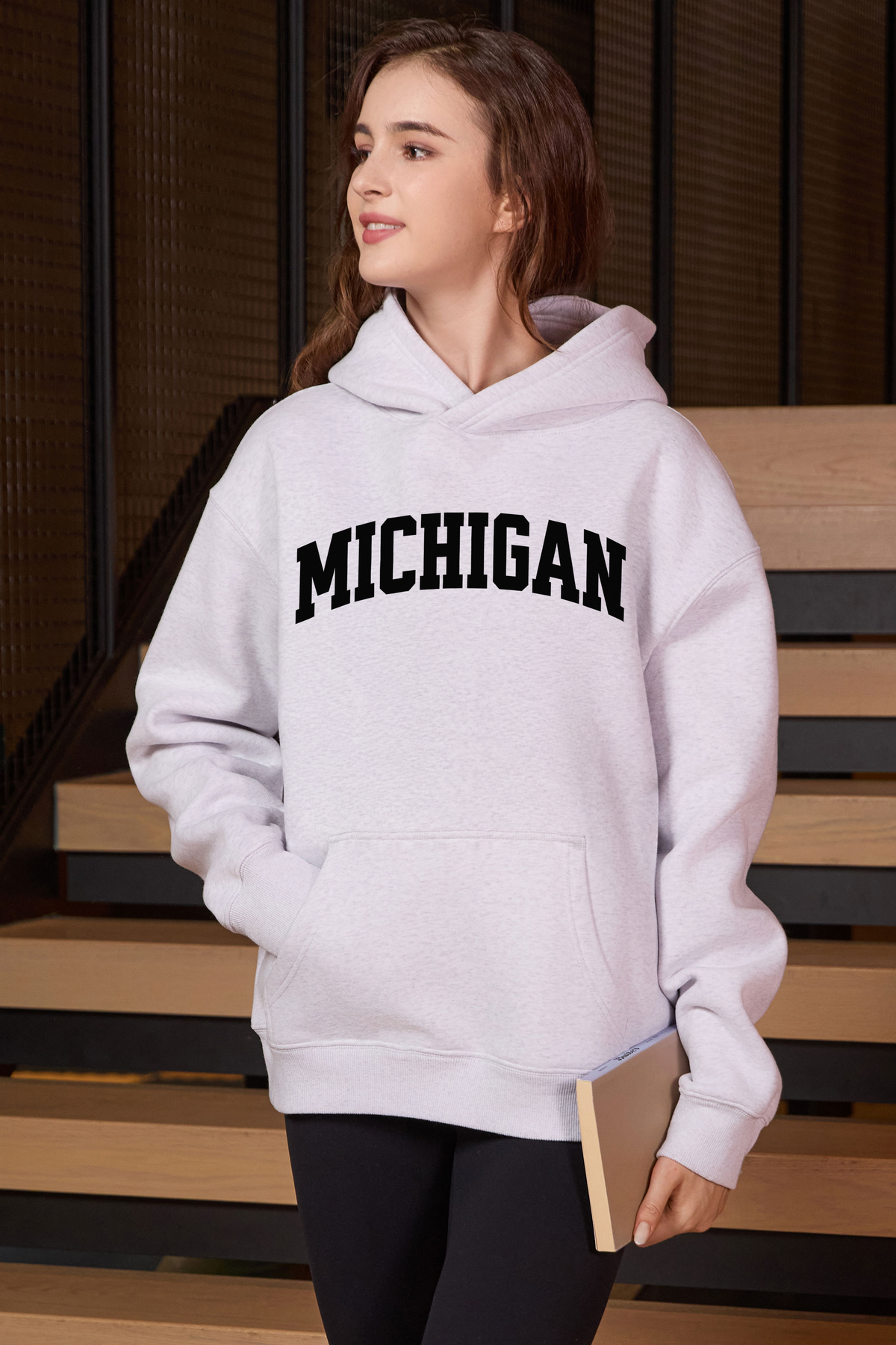 Michigan Collegiate Hoodie — heather grey with black lettering — front view 3