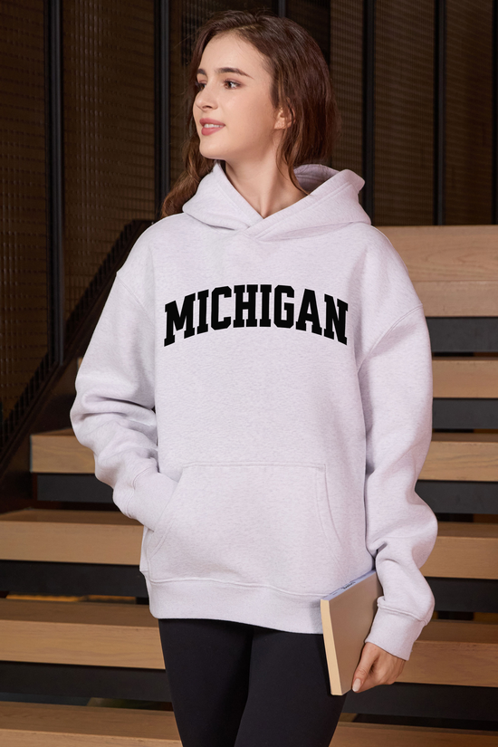 Michigan Collegiate Hoodie — heather grey with black lettering — front view 3