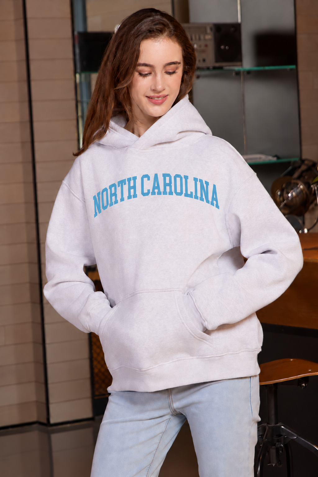 North Carolina Collegiate Hoodie — Heather Grey, front view 1, larger centered chest print