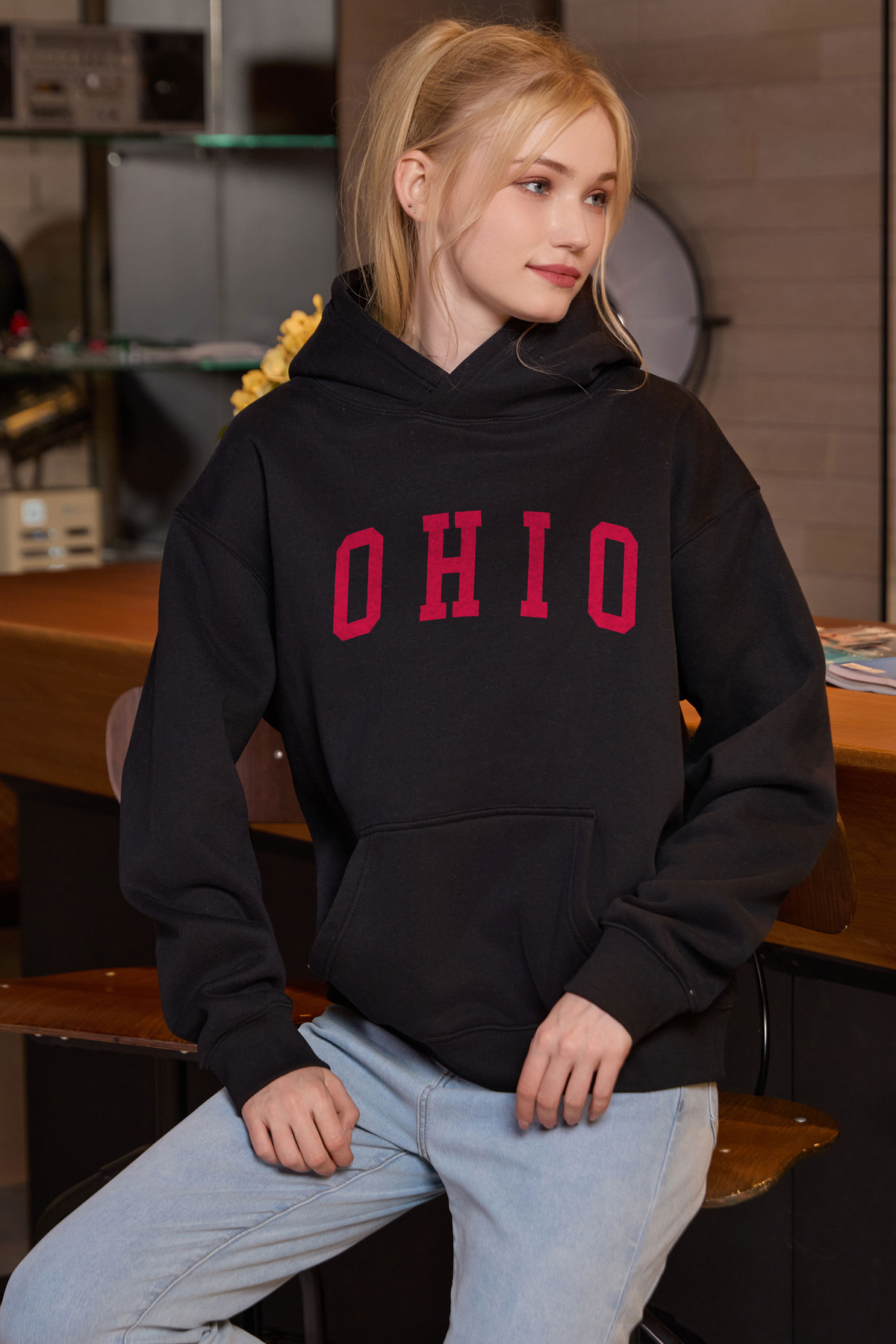 Ohio Collegiate Hoodie — black, front 1, centered fabric-following print