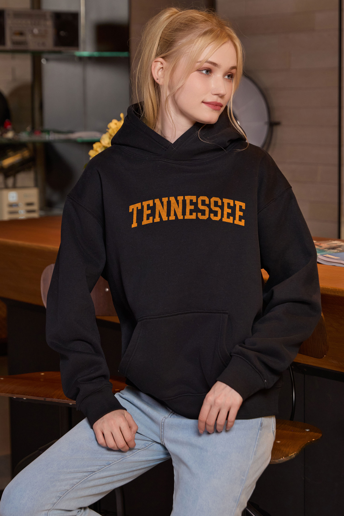 Tennessee Collegiate Hoodie — black, front 2, centered fabric-following print