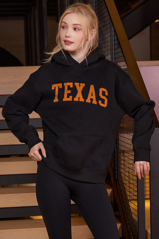 Texas Collegiate Hoodie — black, front 3, centered fabric-following print
