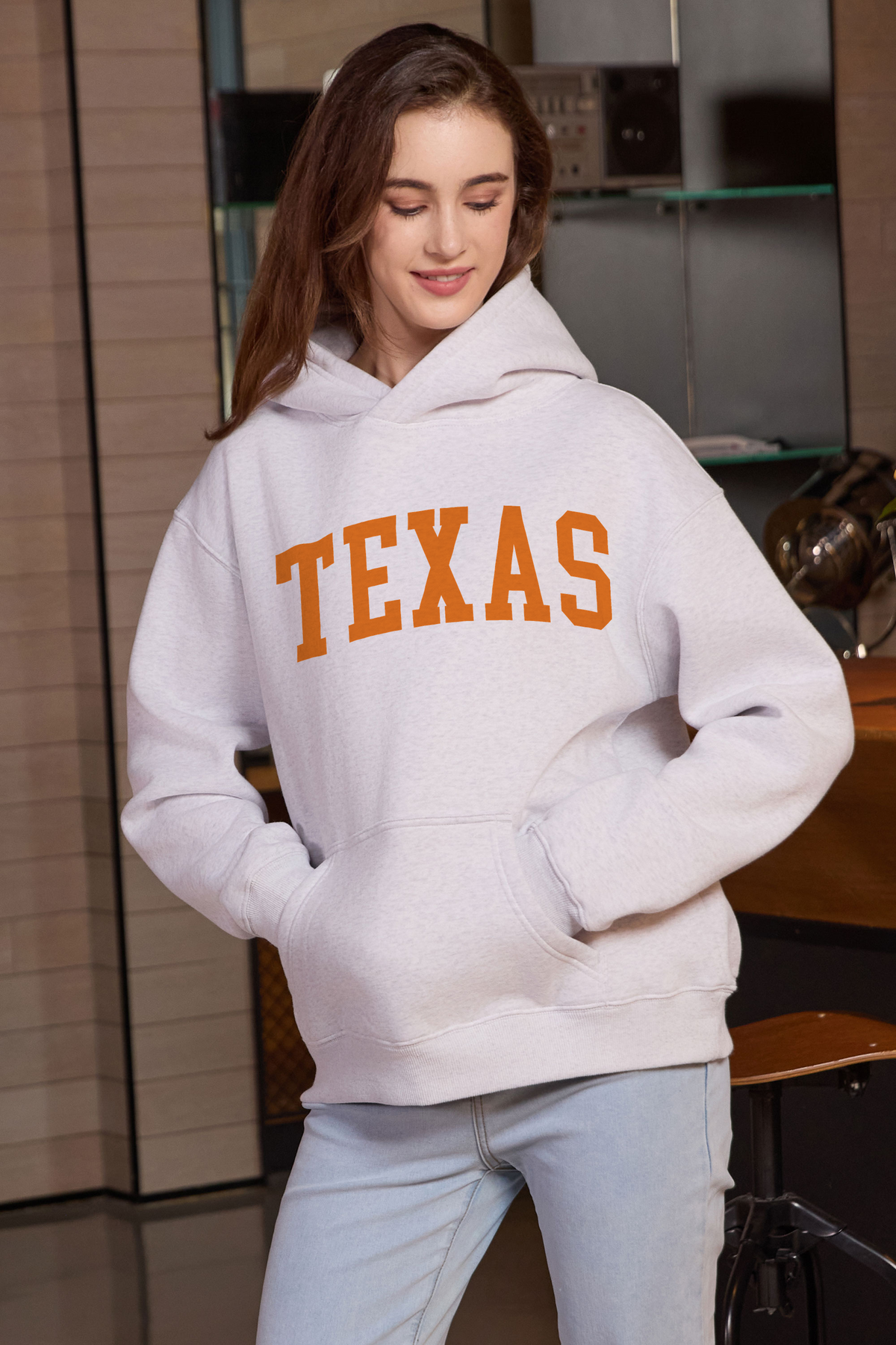 Texas Collegiate Hoodie — heather-grey, front 2, centered fabric-following print