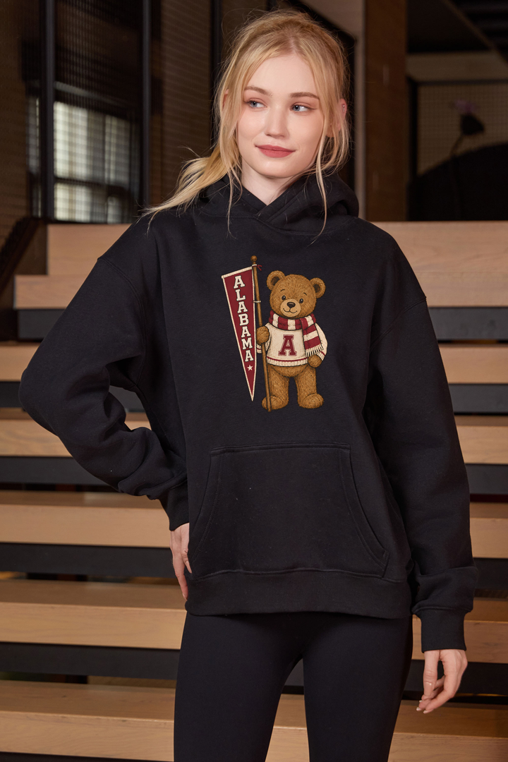 Alabama Teddy Banner Hoodie in Black — model view 1.