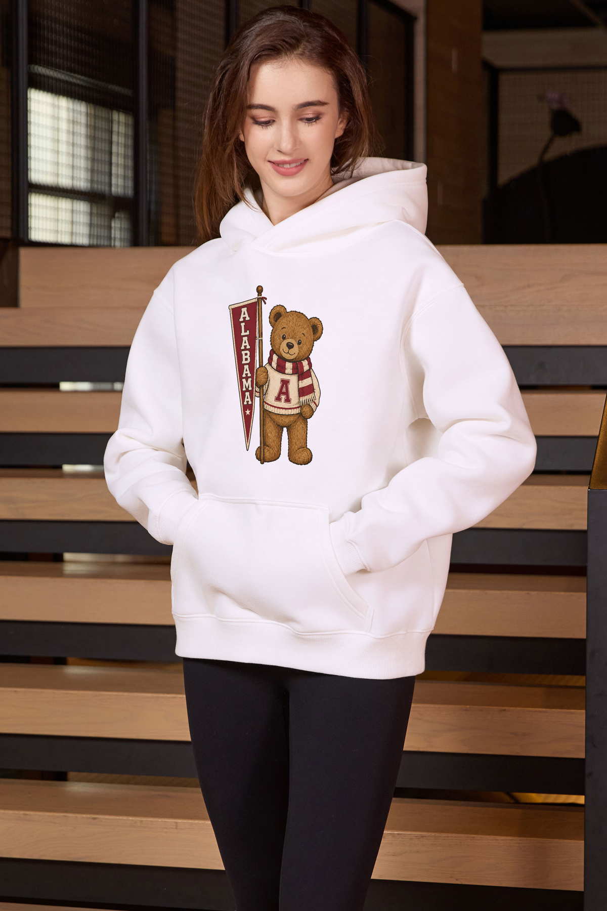 Alabama Teddy Banner Hoodie in white — model view 2.