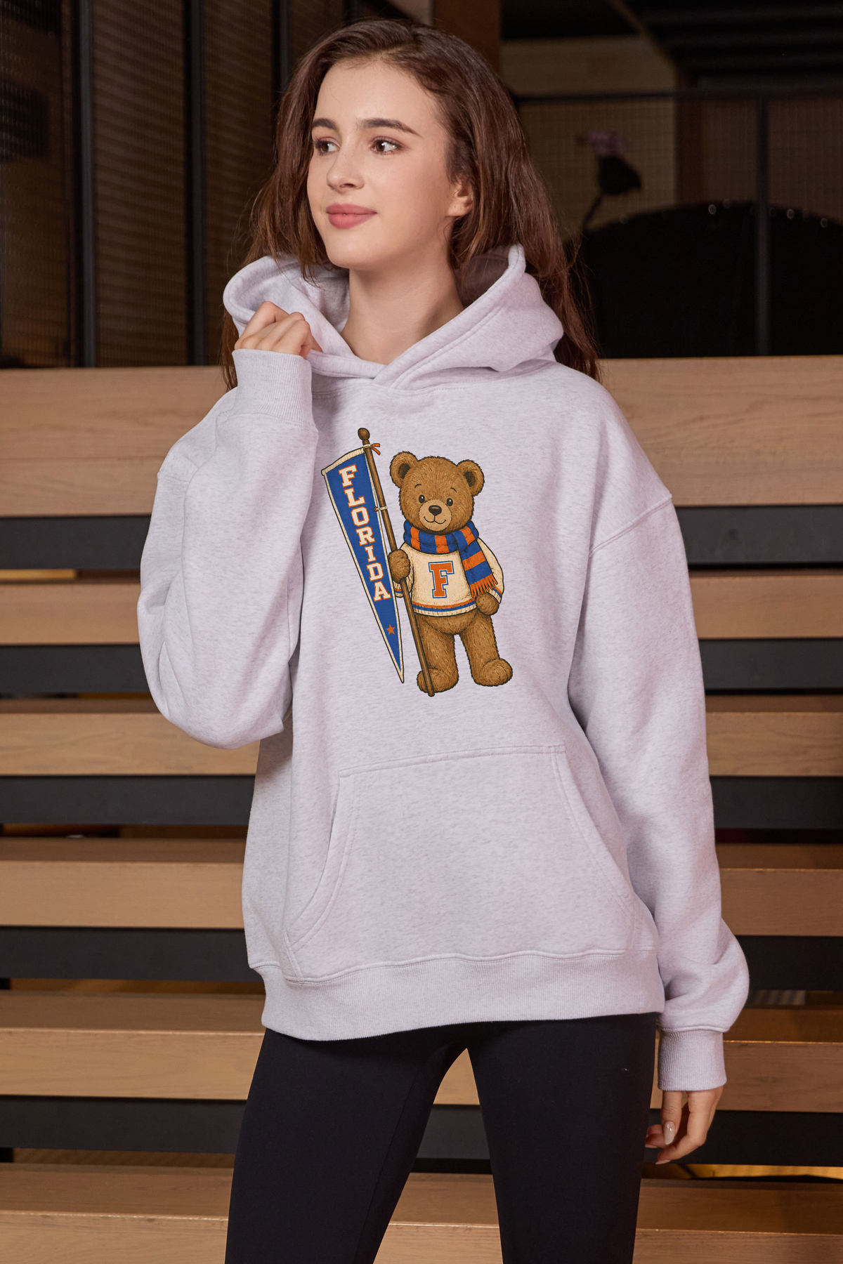 Florida Teddy Banner Hoodie in heather grey — model view 1.