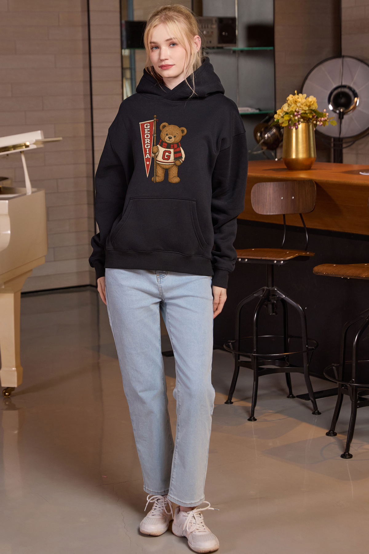 Georgia Teddy Banner Hoodie in black — model view 1.