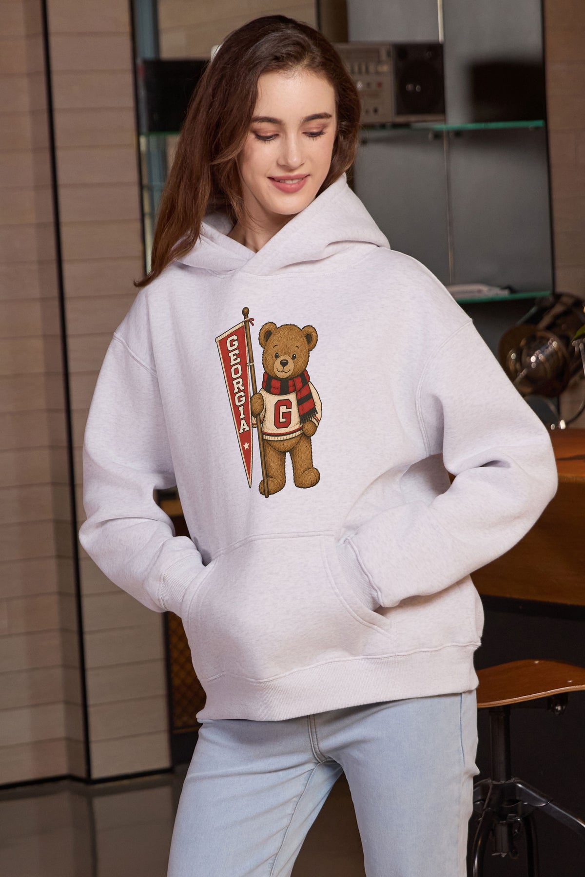 Georgia Teddy Banner Hoodie in heather grey — model view 2.